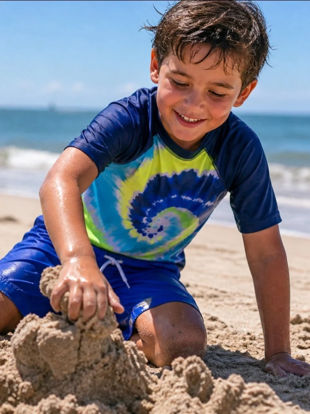Lands’ End Boys Rash Guard Swim Set XS 4-5 Blue Neon + Swim Trunks